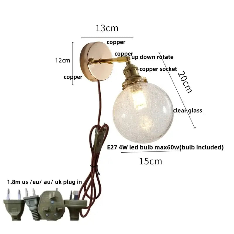 Antique brass glass rotate copper wall sconce with clear glass globe and e27 led bulb for bedroom lighting