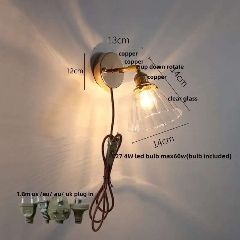Antique brass glass rotate copper wall sconce with clear glass shade and e27 4w led bulb for bedroom lighting