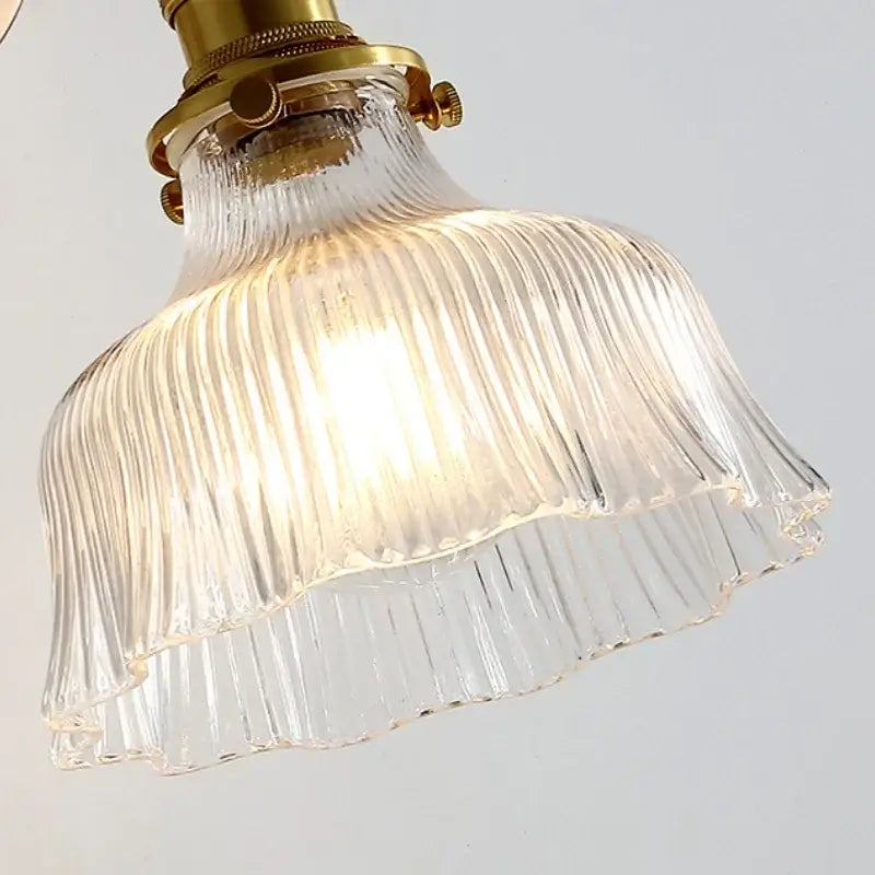 Antique brass glass rotate copper wall sconce with clear ribbed glass lampshade and pull chain for bedroom lighting