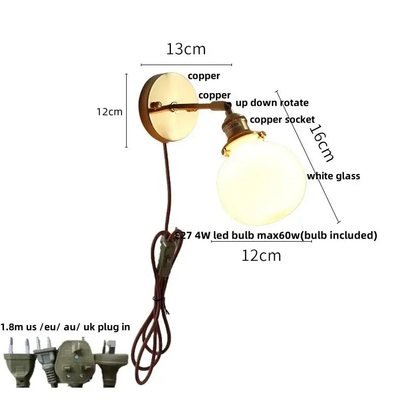 Antique brass glass rotate copper wall sconce with white glass globe and adjustable arm for bedroom lighting