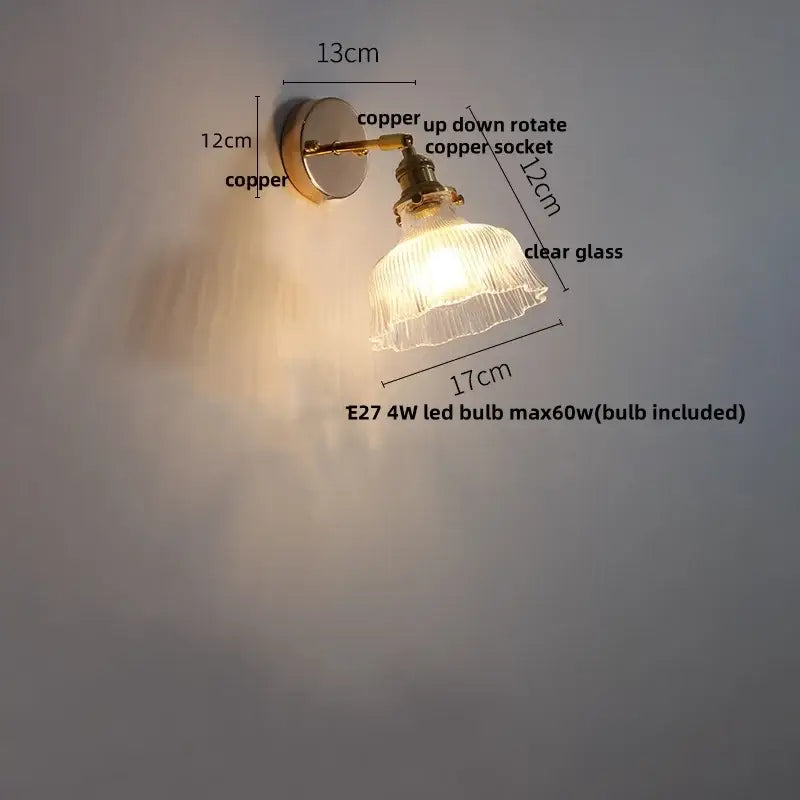 Antique brass glass rotate copper wall sconce with clear glass shade and pull chain for bedroom lighting