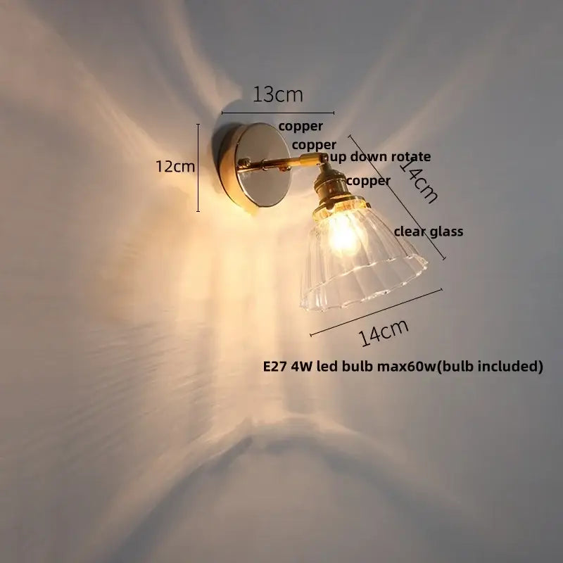 Antique brass glass rotate copper wall sconce with clear glass shade and adjustable arm for bedroom pull chain light