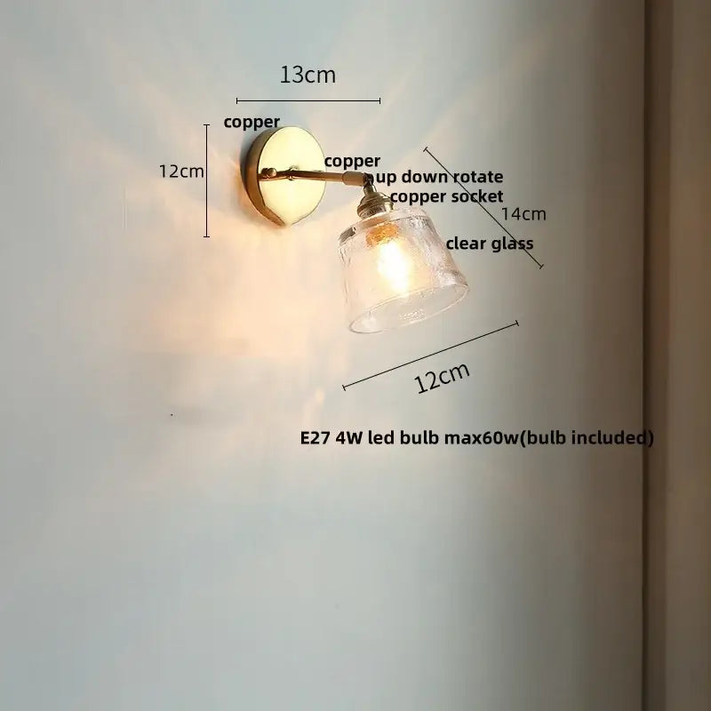 Copper-finished glass rotate copper wall sconce with clear shade and adjustable arm for bedroom pull chain light