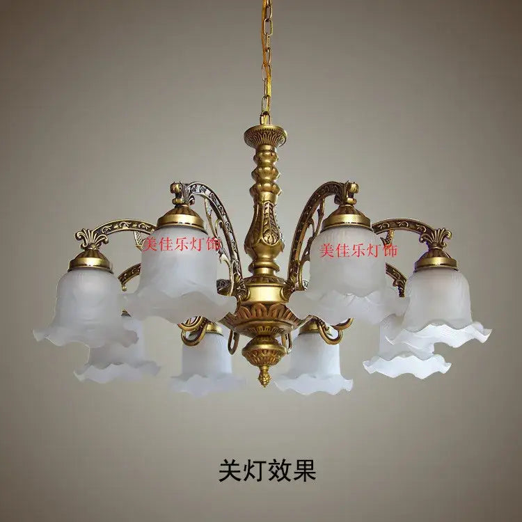 Antique brass glass shade ceiling chandelier with five frosted white ruffled glass shades for dining room use