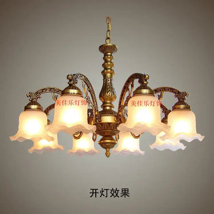 Antique brass glass shade ceiling chandelier with five frosted glass shades for dining room lighting