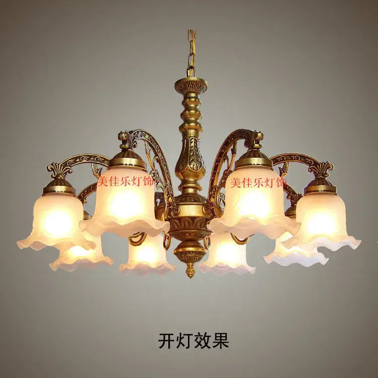 Antique brass glass shade ceiling chandelier with five frosted glass shades for dining room lighting