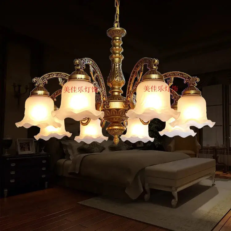 Antique brass glass shade ceiling chandelier with five frosted glass shades for dining room lighting