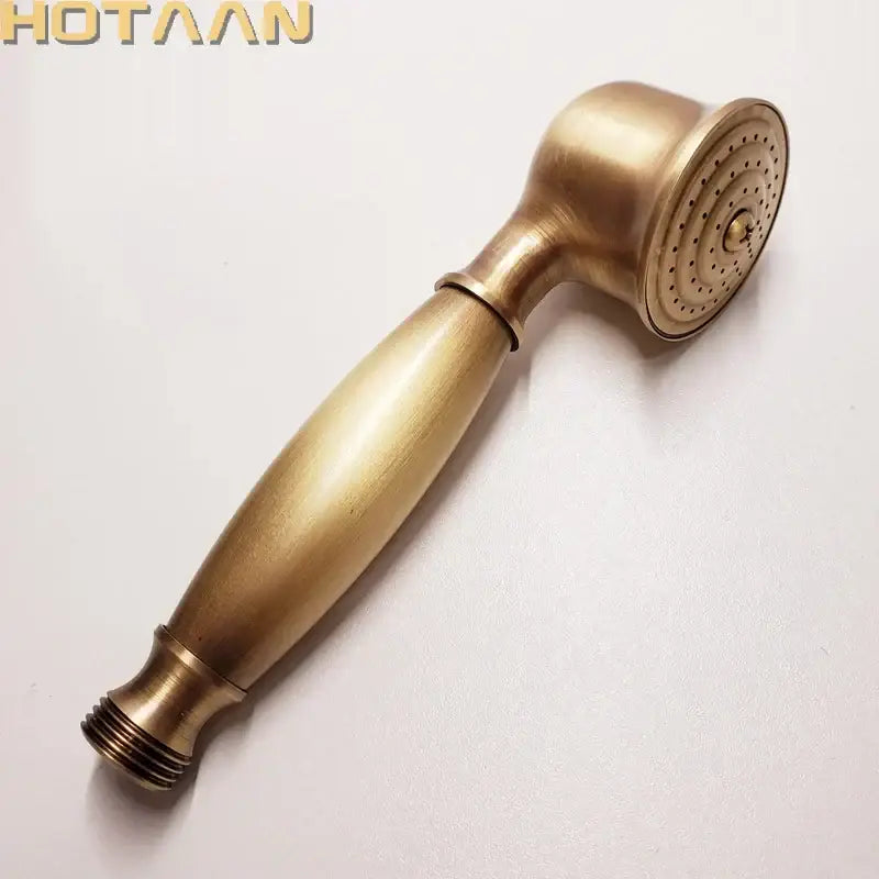 Antique brass hand shower set with brass-finished handheld showerhead and perforated spray face for bathroom use