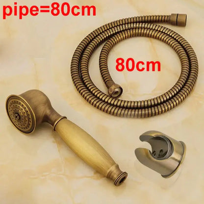 Antique brass hand shower set with wooden grip and 80cm flexible hose for bathroom use