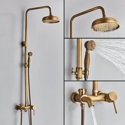 Brass handheld rainfall shower system with antique brass finish fixed rainhead and wall-mounted control valve by decorbites