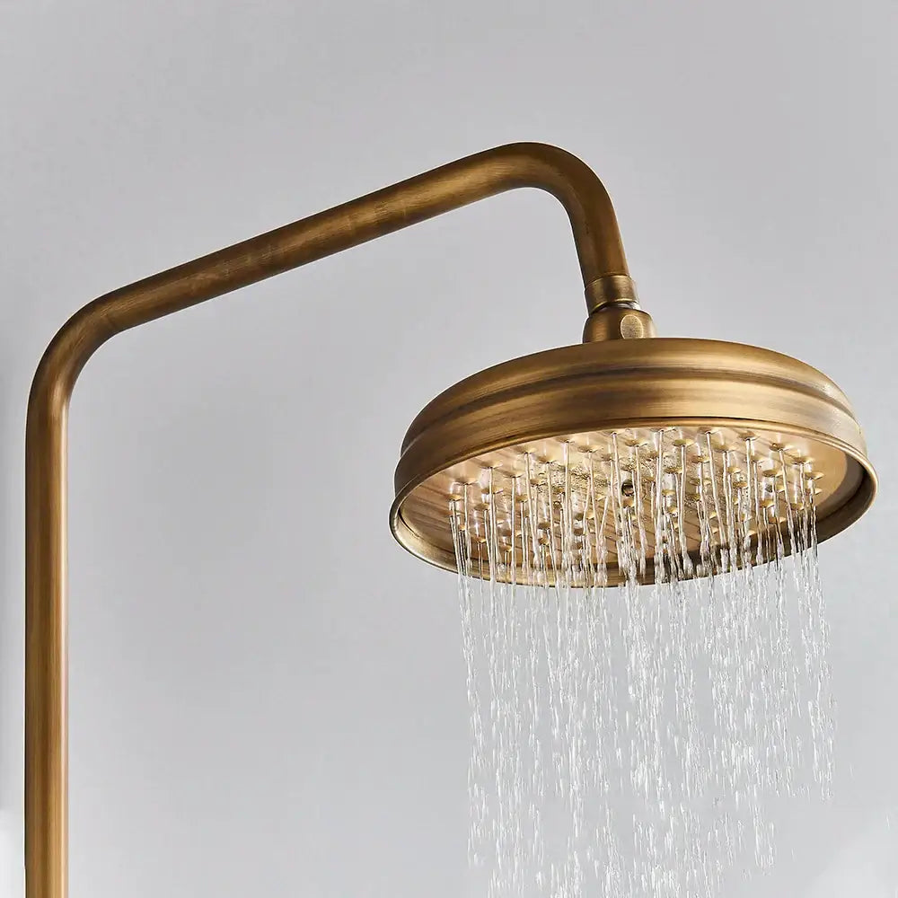 Antique brass handheld rainfall shower system with brass finished rainfall showerhead and curved arm decorbites brass handheld