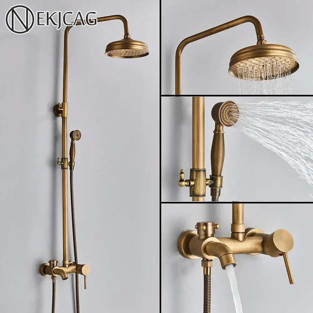 Antique brass handheld rainfall shower system with fixed overhead rainhead and wall-mounted control valve by decorbites brass handheld