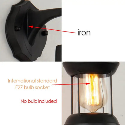 Black iron wall lamp with vintage-style glass lantern and e27 bulb socket for decorbites industrial glass wall decor