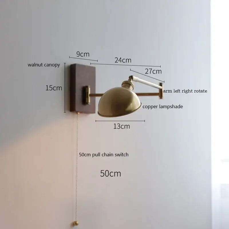 Copper lampshade wall light with clear glass and walnut canopy adjustable arm for bedroom decorbites clear glass design