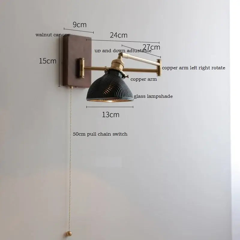 Antique brass industrial wall light with clear glass and copper arms featuring dark walnut canopy for bedroom decorbites clear glass
