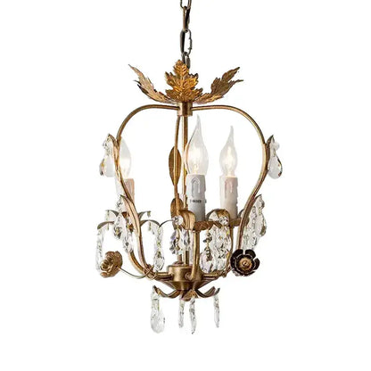 Antique brass iron crystal chandelier with gold leaf details and candle-style bulbs for bedroom decorbites iron crystal lighting