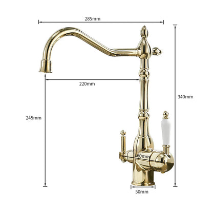 Antique brass kitchen faucet with dual handles including one ornate handle with a white ceramic knob and curved spout