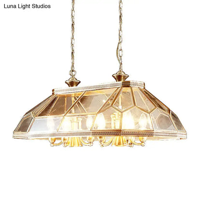 Brass-finished decorbites colonialist fixture with faceted living room panels and ornate metal detailing, 12 lamp heads