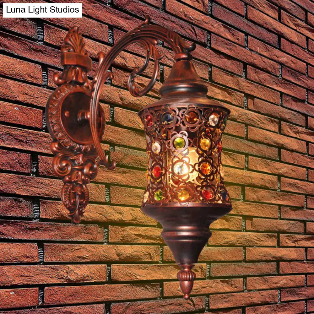 Antique brass mosaic filigree traditional iron wall lamp with bronze ornate metalwork and colorful glass panels 220v-240v 110v-120v