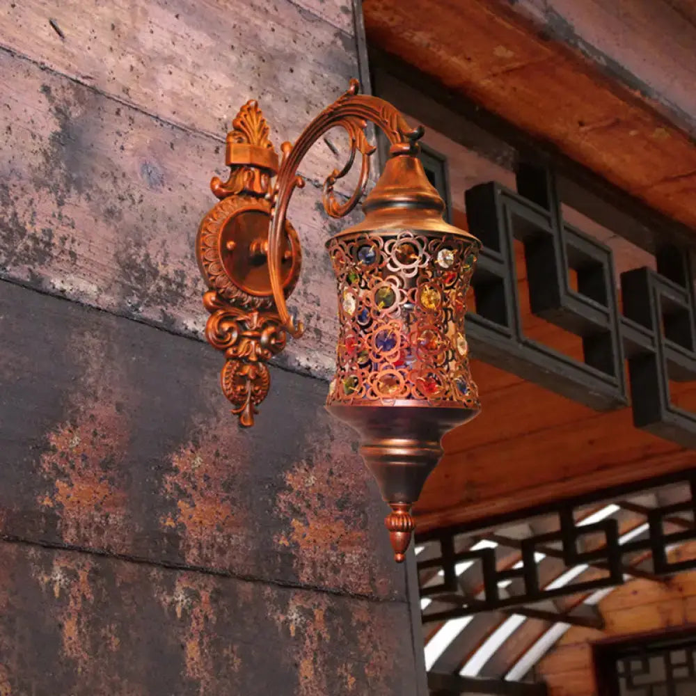 Antique brass mosaic filigree traditional iron wall lamp with colorful glass panels suitable for 220v-240v 110v-120v use