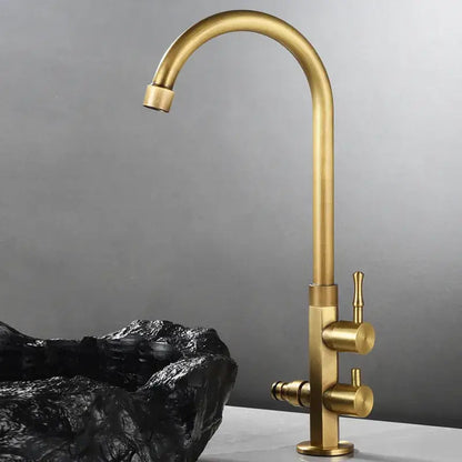 Black matte-finish kitchen faucet with curved spout and dual handles as a decorbites brass outdoor faucet solution