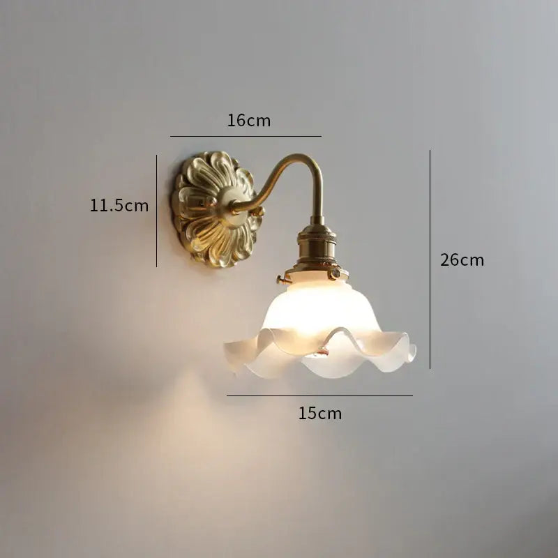 Antique brass wall lamp with pink rose frosted glass shade and delicate ruffled edges for bedroom decorbites frosted glass