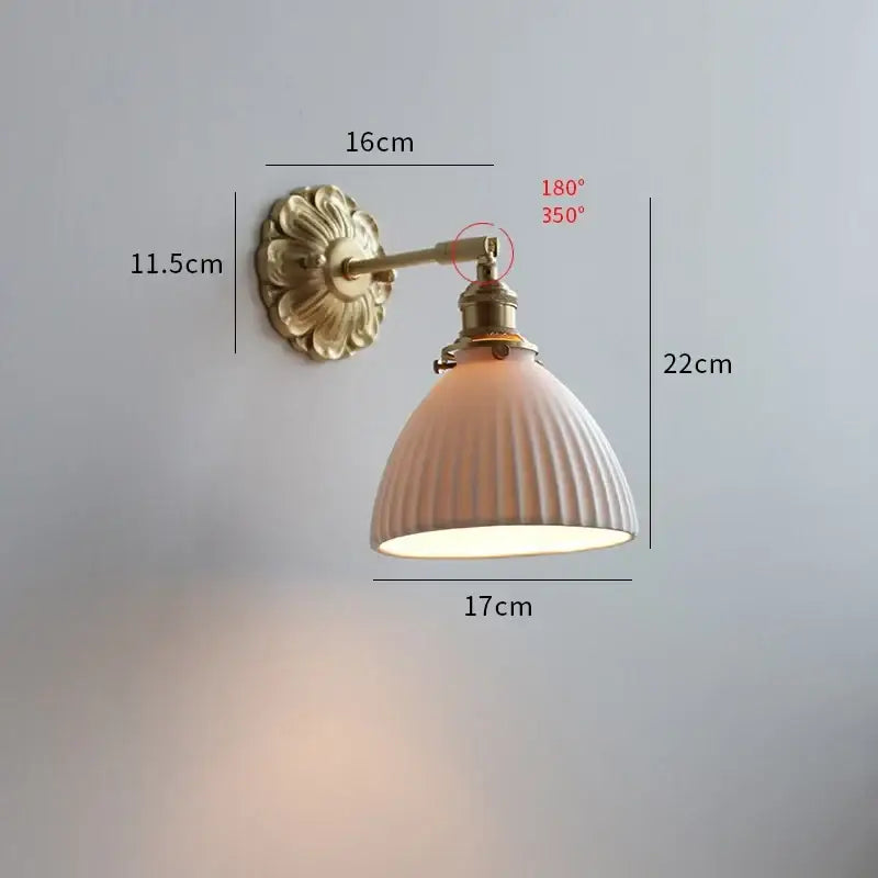 Antique brass wall lamp with pink rose frosted glass and ribbed off-white ceramic shade by decorbites frosted glass