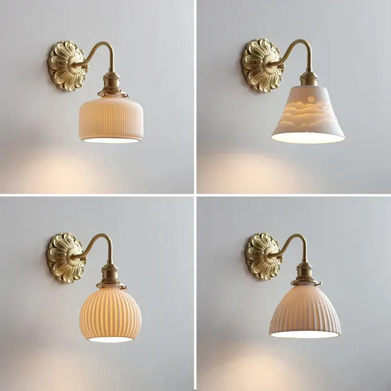 Antique brass wall lights with ribbed cream glass shade for bedroom decorbites ceramic led wall lighting