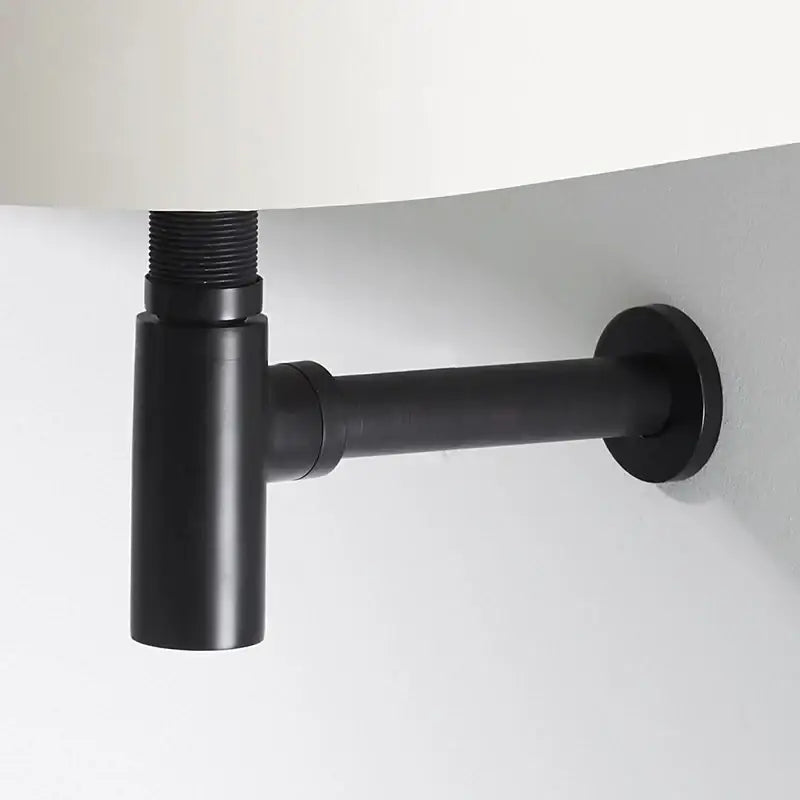 Black matte brass round bottle trap with threaded connection and wall-mounted flange for bathroom vanity decorbites brass round