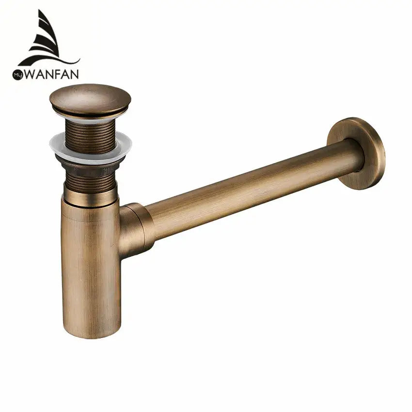 Antique brass round bottle trap bathroom vanity siphon drain pump with brass round threaded top cap and elongated arm