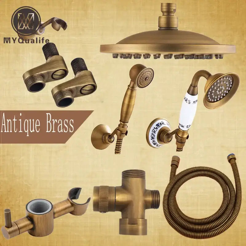 Antique brass shower faucet set with round rainhead handheld sprayer and decorative ceramic handle for bathroom use
