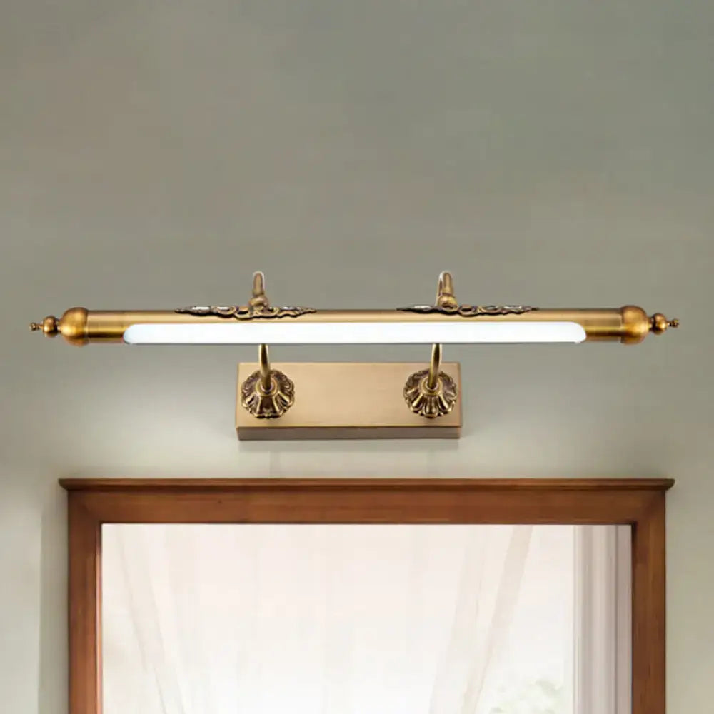 Antique brass shell vanity light with ornate floral detailing and sleek rectangular led bulb 60w maximum bulb wattage
