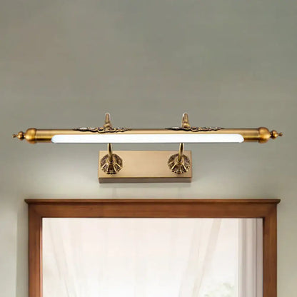 Antique brass shell vanity light with ornate floral detailing and sleek rectangular led bulb 60w maximum bulb wattage