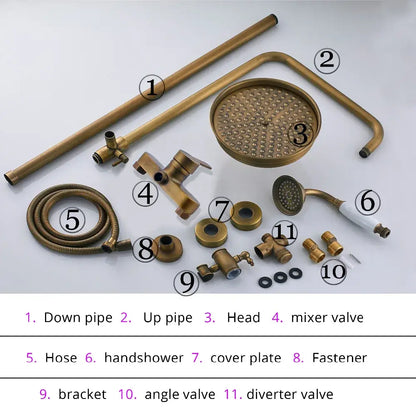 Antique brass shower faucet with handshower featuring a brass-finished circular showerhead with multiple spray holes