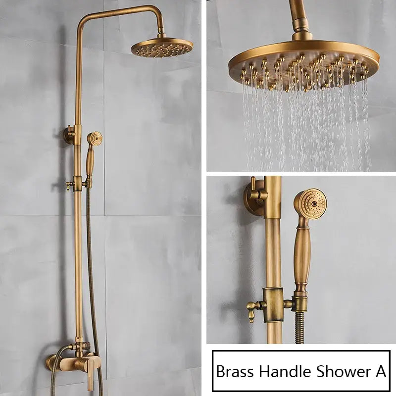 Antique brass shower faucet with handshower featuring ornate detailing and tall overhead rainhead in brass finish