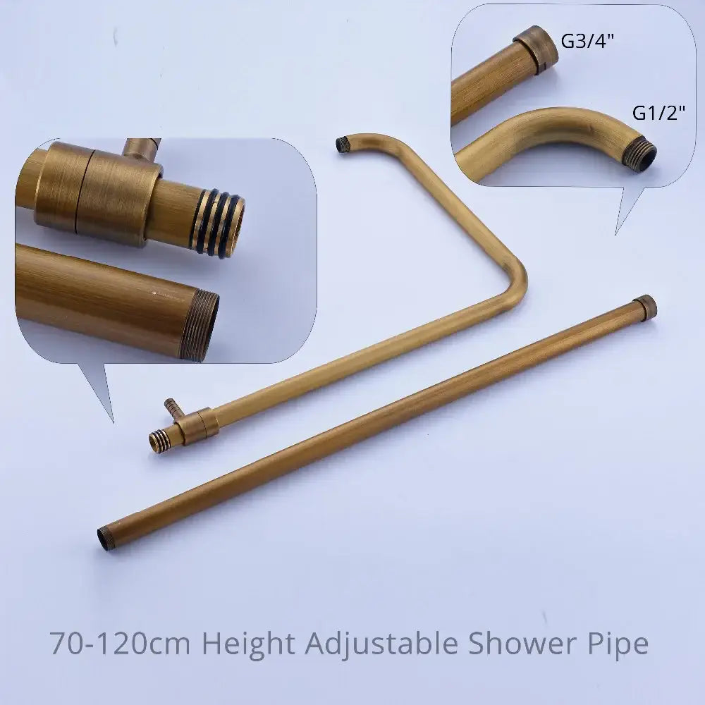 Adjustable antique brass shower faucet pipe with brass finish and threaded fittings for height customization in bathroom shower system