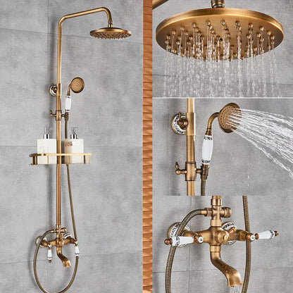 Antique brass shower set with ceramic hand sprayer and large rainhead in brass finish for elegant bathroom decorbites brass shower
