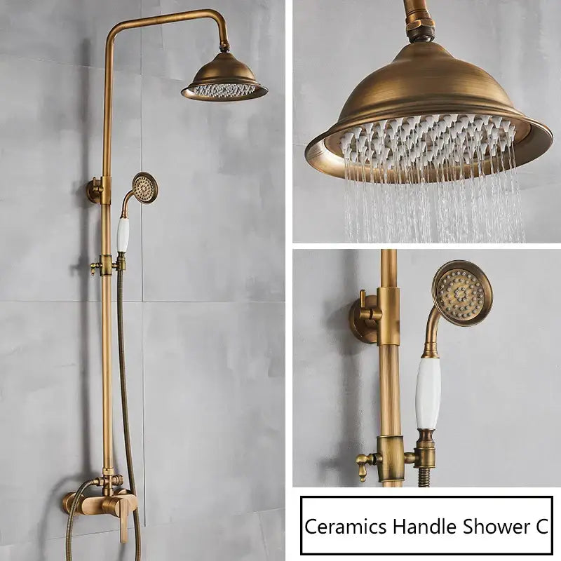 Antique brass shower set with rainhead and handheld nozzle featuring ceramic handles in decorbites brass antique finish