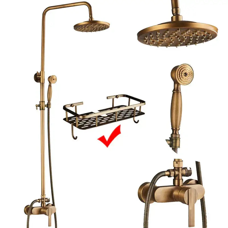 Brass antique shower set by decorbites with tall overhead rainhead handheld spray and wall-mounted control valve