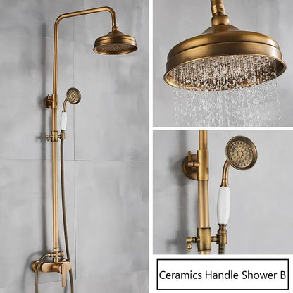 Antique brass shower set with fixed rainhead and handheld unit featuring white ceramic handle decorbites brass antique