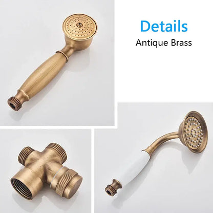 Antique brass shower set featuring a brass antique handheld showerhead with textured circular spray face and tapered handle