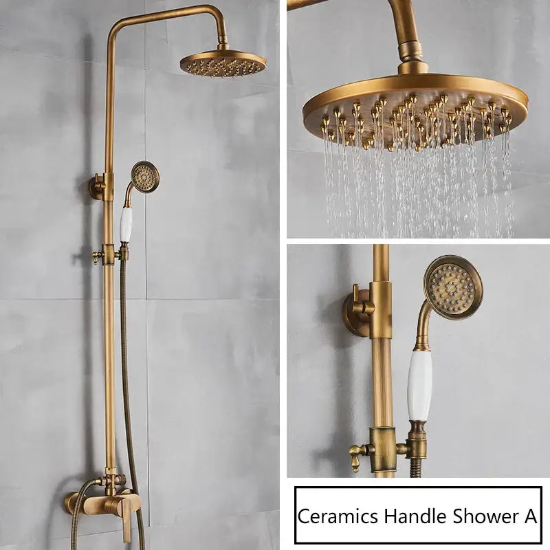 Antique brass shower set with rainhead and handshower featuring white ceramic handles in brass antique finish