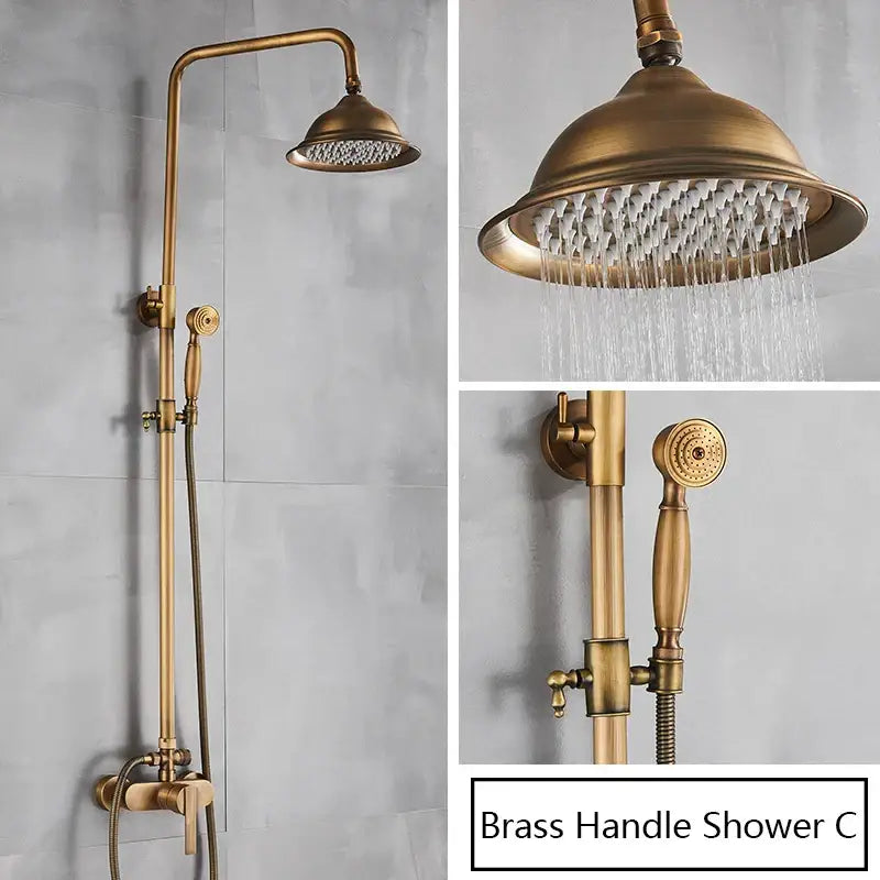 Antique brass shower set with tall overhead rainhead and handheld sprayer in decorbites brass antique finish
