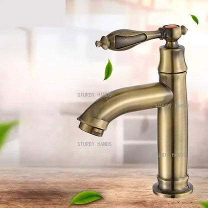 Antique brass single-handle bathroom faucet with classic elegant design and slightly textured finish for sink fixture