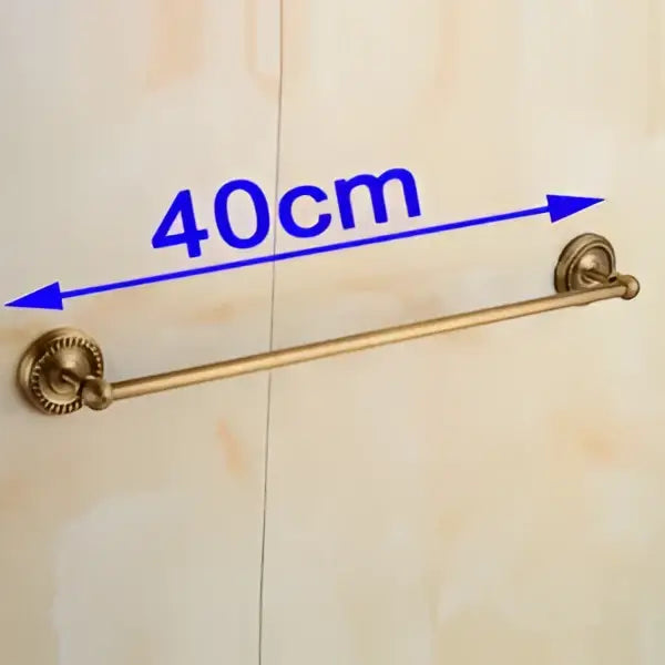 Antique brass single towel bar with brass finish and ornate circular end caps measures 40cm for bathroom decor