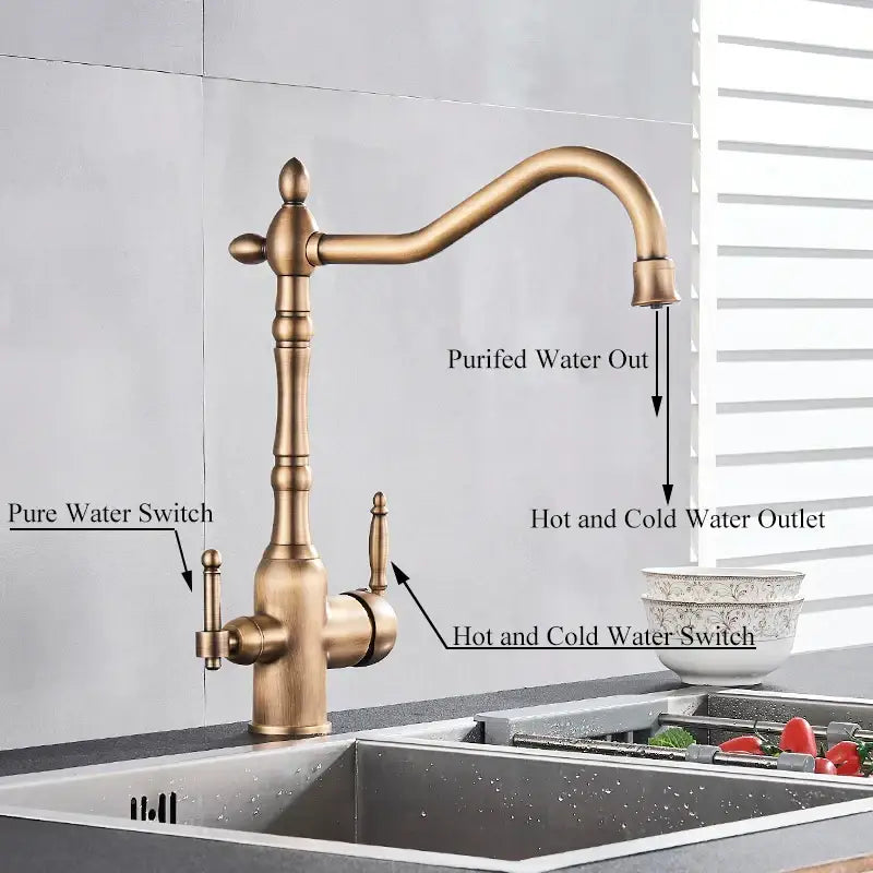 Antique brass vintage kitchen water filter faucet with dual curved spouts and dual handles for hot cold water control