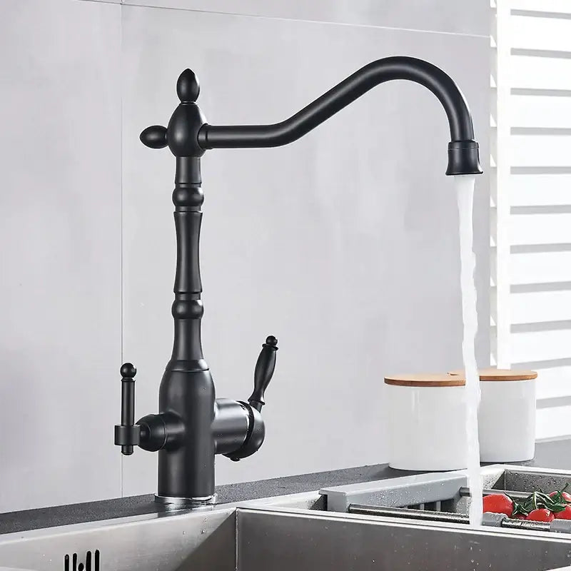 Black matte vintage kitchen water filter faucet with ornate detailing and dual curved spouts for antique brass style