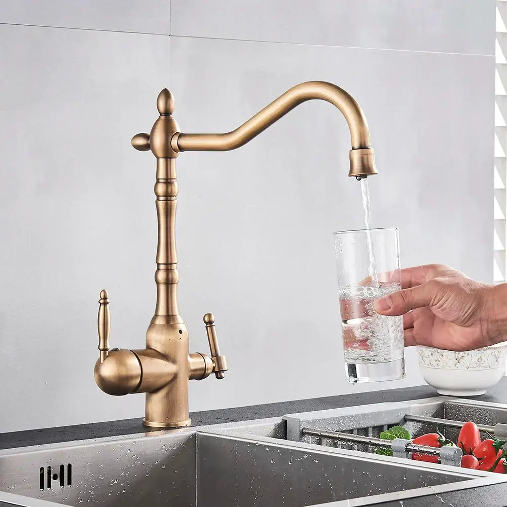 Antique brass vintage kitchen water filter faucet with dual spout curved handles and brass finish filter faucet design