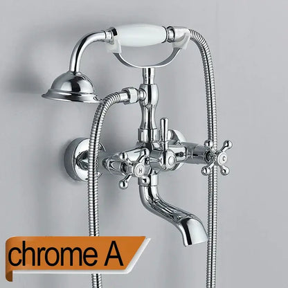 Chrome finished vintage-style decorbites dual handle bathtub faucet with white ceramic handles and flexible shower hose