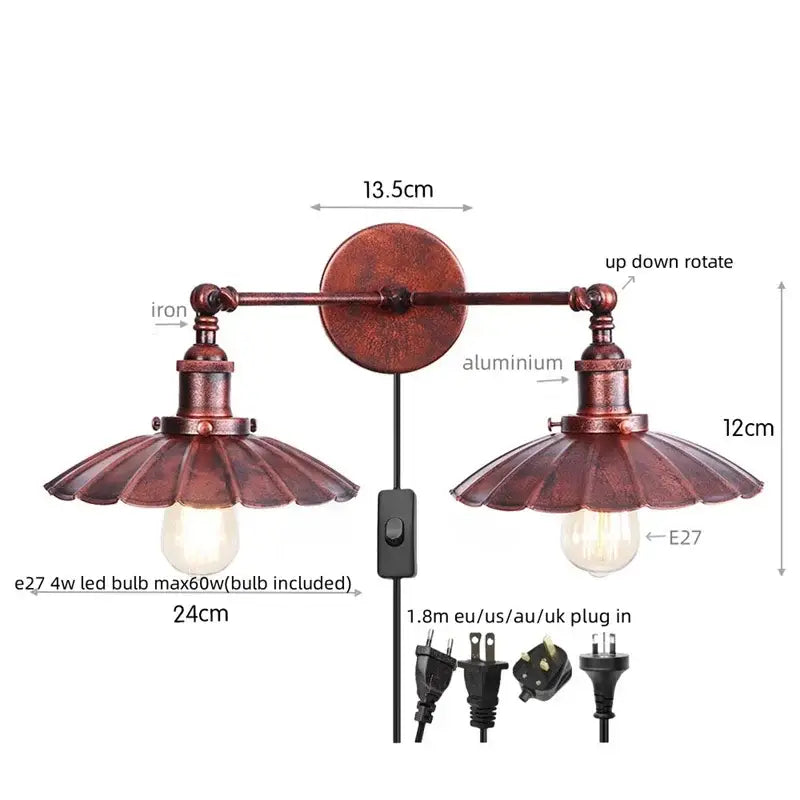 Antique bronze adjustable rustic led wall lamp with double-arm fluted petal shades and e27 led bulbs for bedroom decorbites